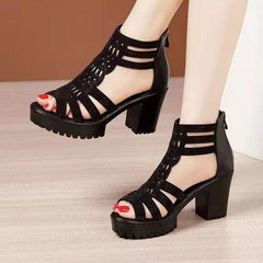 Showlu Fashion Store 0 Black / 35 High Heels Gladiator Sandals Woman Open Head Sexy Black Rivet Block Heel Platform Shoes Summer Back Zip Size 35-40 Women Sandals