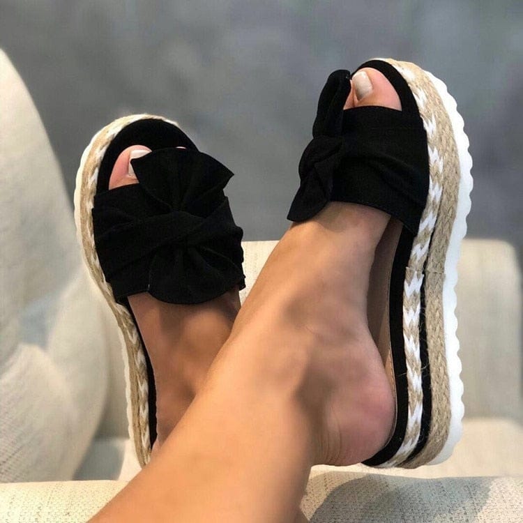 Showlu Fashion Store 0 Black / 35 Women Slippers Summer 2022 Platform Wedges Mid Heels Bow Tie Peep Toe Fashion Slides Beach Outdoor Ladies Shoes Zapatos De Mujer