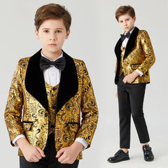 Showlu Fashion Store 0 Black / 3T(Height 90CM) Suit for Boy communion wedding dress for boy kids Costume Children&#39;s Blue Gold suit Boys&#39; black collar suit 3PCS   Flower Boys