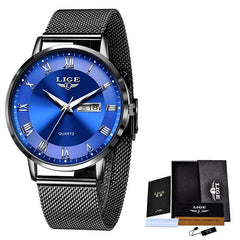 Showlu Fashion Store 0 black blue / China LIGE Brand Women Watches Ultra-thin Luxury Quartz Watch Fashion Ladies Clock Stainless Steel Waterproof Calendar Week Wristwatch