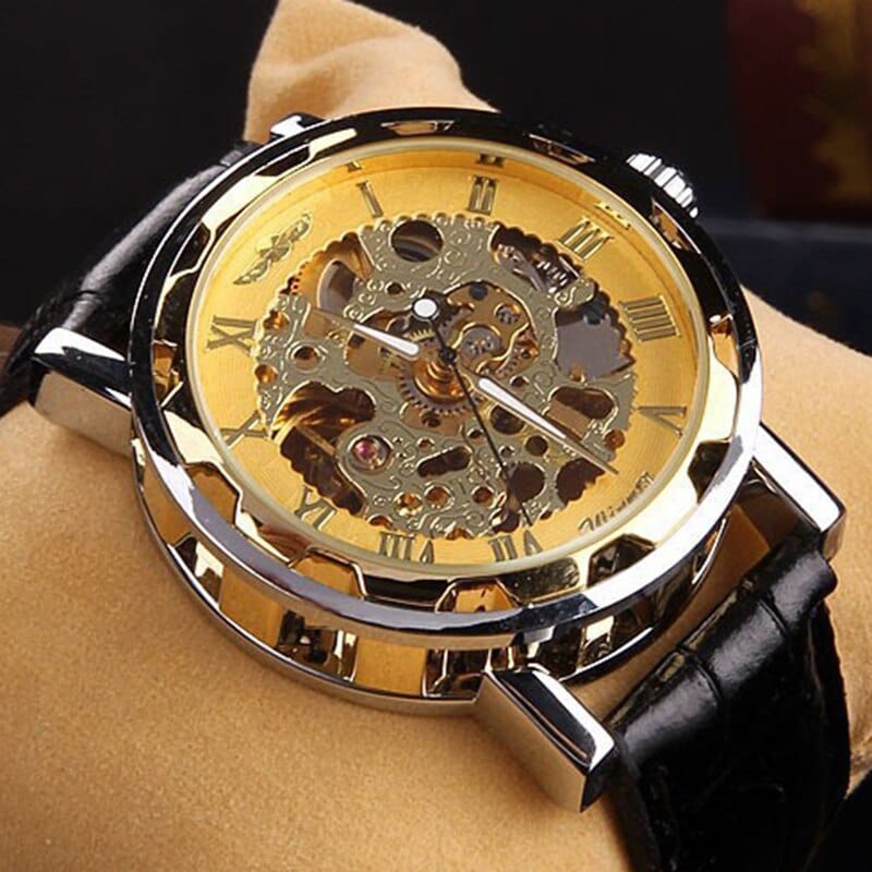 Showlu Fashion Store 0 Black Gold Men Mechanical Wrist Watch With Black Leather Strap 1pc Luxury Fashion Stainless Steel Skeleton Mechanical Watch For Business