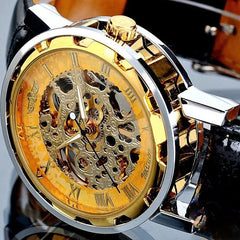 Showlu Fashion Store 0 Black Gold Men Mechanical Wrist Watch With Black Leather Strap 1pc Luxury Fashion Stainless Steel Skeleton Mechanical Watch For Business