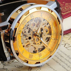 Showlu Fashion Store 0 Black Gold Men Mechanical Wrist Watch With Black Leather Strap 1pc Luxury Fashion Stainless Steel Skeleton Mechanical Watch For Business