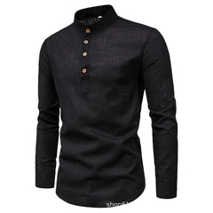 Showlu Fashion Store 0 Black / L Men's solid color casual slim fitting standing collar long sleeved business shirt shirt