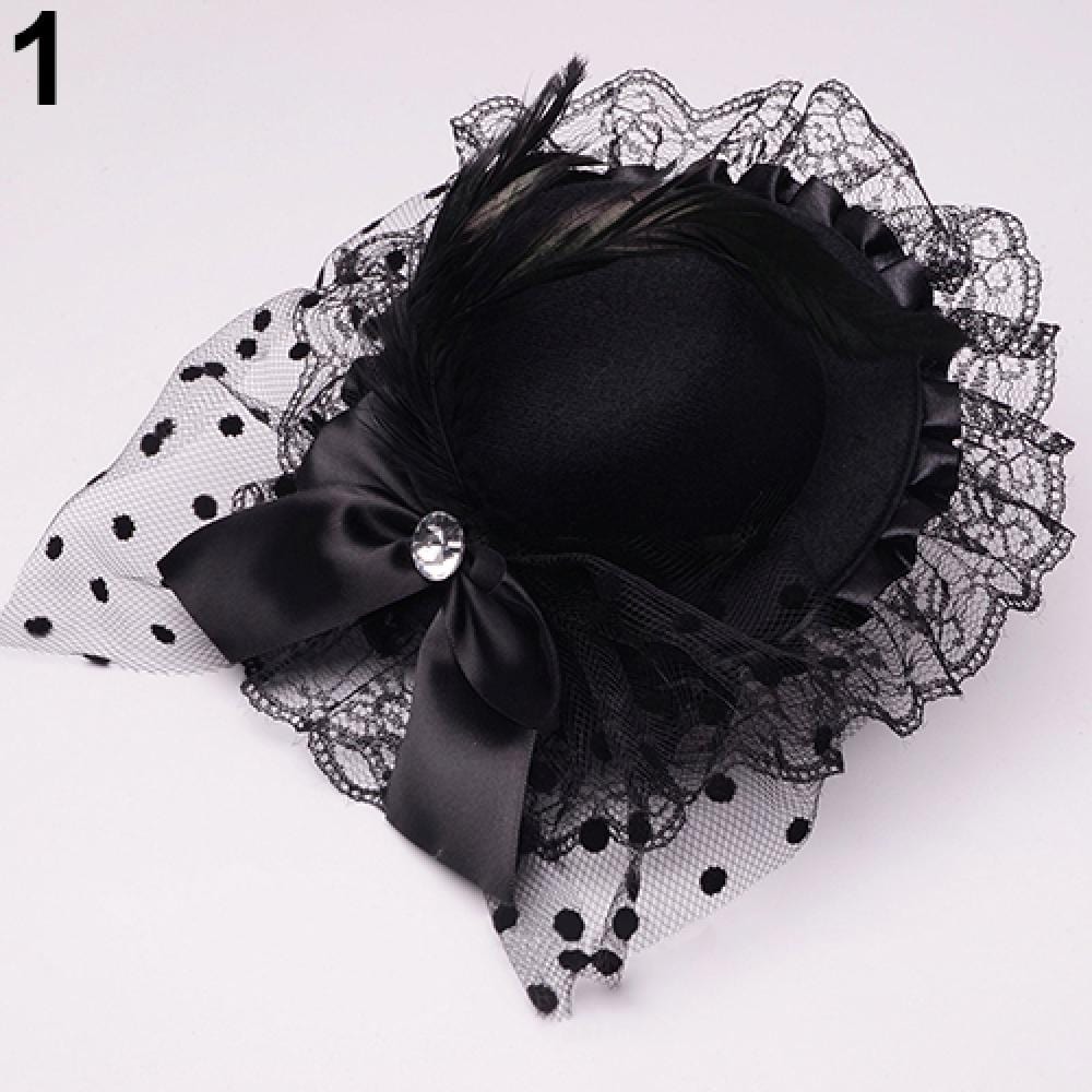 Showlu Fashion Store 0 Black Lady Mini Top Hat Caps Bowknot Decor Lace Fascinator Hair Clip Costume Accessory Women Hair Accessories Wholesales Dropshipping