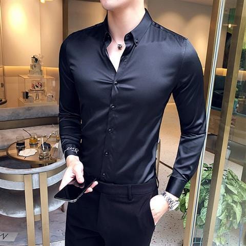 Showlu Fashion Store 0 Black / M Plain Long Sleeve Shirts and Blouses for Men Business Silk Summer Button Man Tops Fashion 2023 Social High Quality Clothing S I