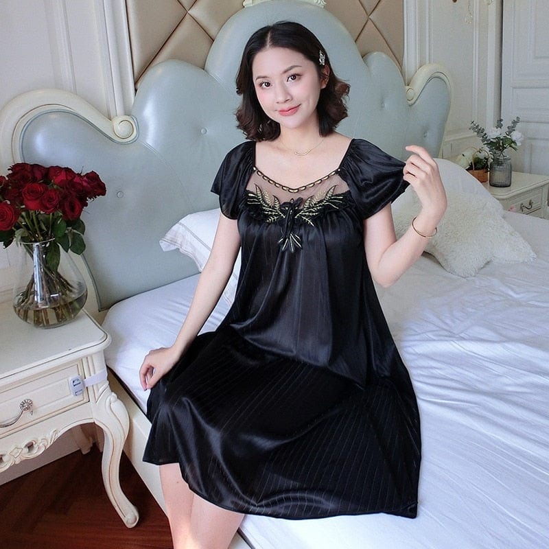 Showlu Fashion Store 0 Black / M Women Ice Silk Sleepwear Set Nightdress Homewear Nightwear Pyjamas Female Lace Sleepwear V-neck Nightgown Plus Size 4XL 100kg