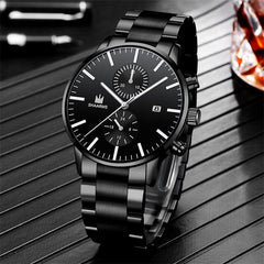 Showlu Fashion Store 0 Black Mens Fashion Business Quartz Watch Fashion Fake Three Eye Six Pin Calendar Men Watch Stainless Steel Belt Men Watches