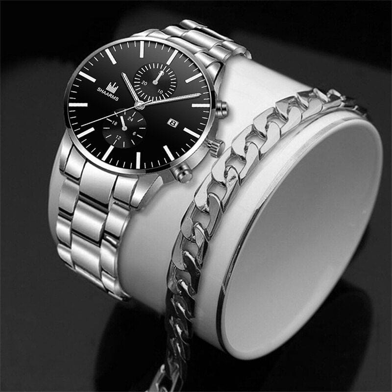 Showlu Fashion Store 0 Black Mens Fashion Business Quartz Watch Fashion Fake Three Eye Six Pin Calendar Men Watch Stainless Steel Belt Men Watches