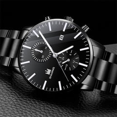 Showlu Fashion Store 0 Black Mens Fashion Business Quartz Watch Fashion Fake Three Eye Six Pin Calendar Men Watch Stainless Steel Belt Men Watches