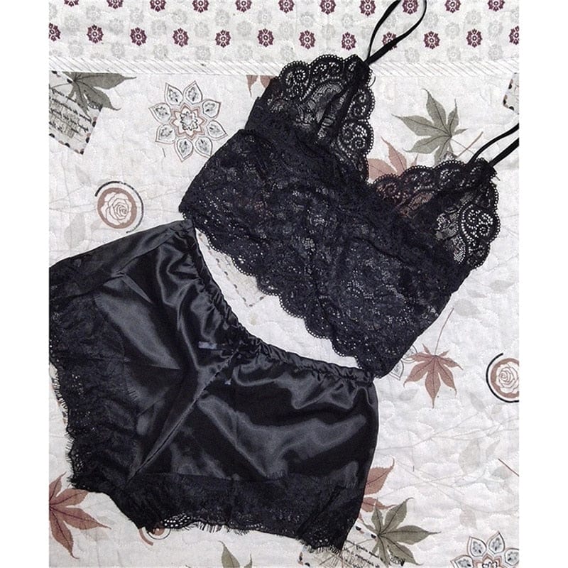 Showlu Fashion Store 0 black / S 1Set Women Lace V Neck Pajamas Set Lingerie Sleeveless Nightwear Crop Women's Sleepwear Sexy Satin Pajama Set Top And Shorts