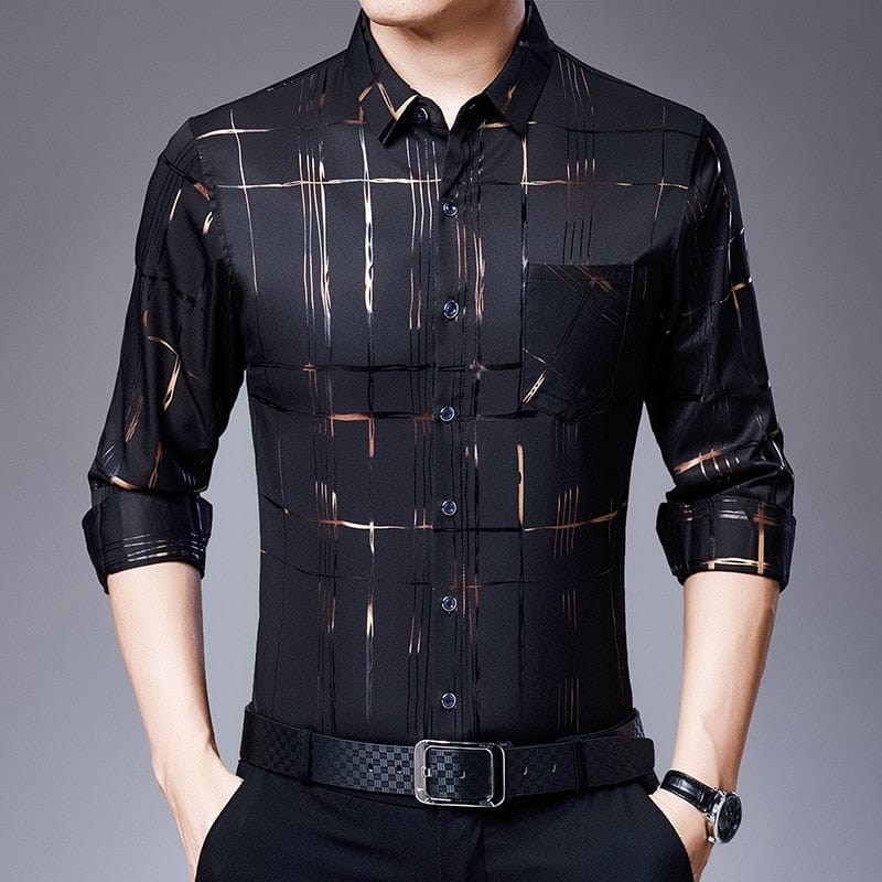 Showlu Fashion Store 0 Black / S 2022 brand new striped big pocket mens shirts for men clothing fashion long sleeve shirt luxury dress casual clothes jersey 6412