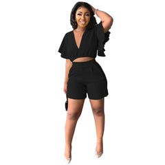 Showlu Fashion Store 0 Black / S Fashion Two Piece Set Women Sexy V Neck Ruffles Sleeve Crop Top &amp; Pockets Shorts Suit  Summer Street Solid Tracksuit Outfits