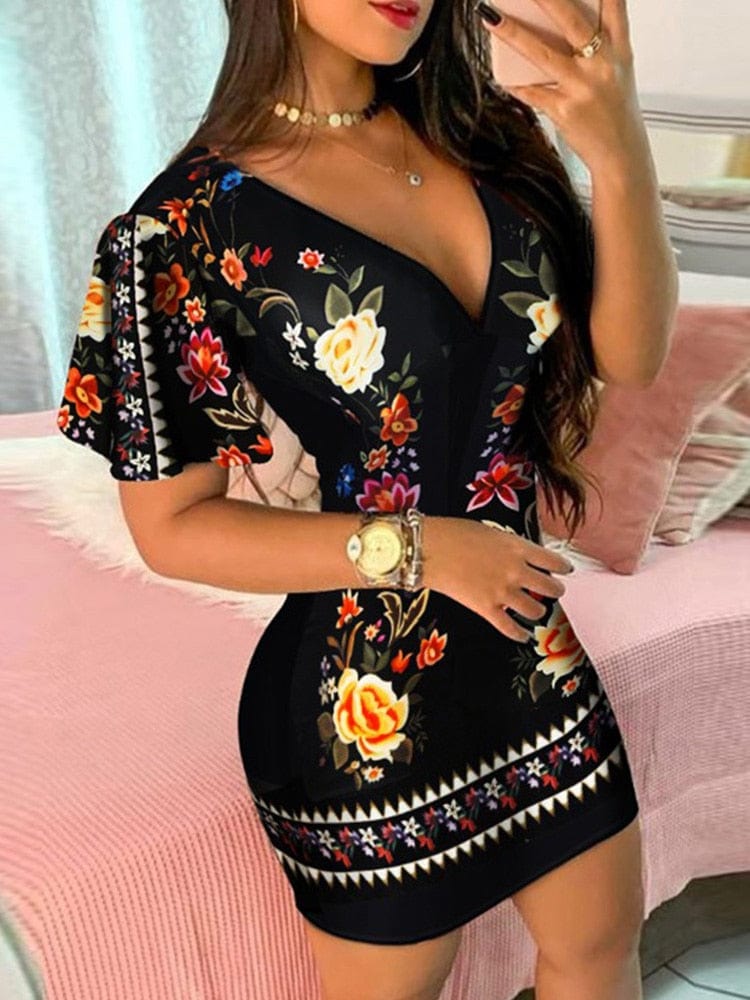 Showlu Fashion Store 0 Black / S Floral Print Plunge Bodycon Dress Women Short Sleeve Summer Dress