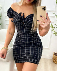 Showlu Fashion Store 0 Black / S Summer dress sexy package buttocks short skirt of cross border grid print dress