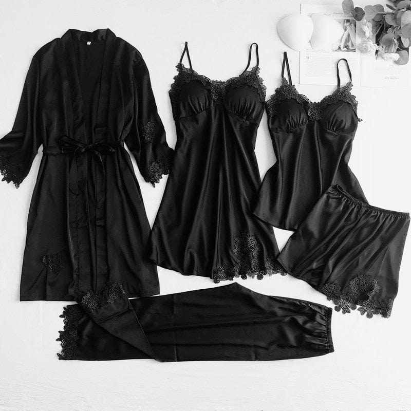 Showlu Fashion Store 0 Black Set - B / M Gray Nightgown Set Women Lace Nightwear V-Neck Pajamas Suit Homewear Spring Sleepwear Robe Gown Sleep Wear Pijama Negligee