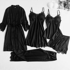 Showlu Fashion Store 0 Black Set - B / M Gray Nightgown Set Women Lace Nightwear V-Neck Pajamas Suit Homewear Spring Sleepwear Robe Gown Sleep Wear Pijama Negligee