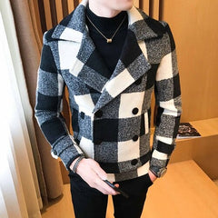 Showlu Fashion Store 0 Black White grid / Asia M Trend 2022 New double-breasted windbreaker fashion retro tartan coat large size 5XL slim short coat men&#39;s banquet party dress