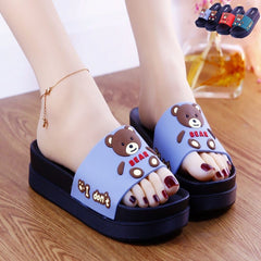 Showlu Fashion Store 0 blue-1 / 35 New Summer High-heeled Thick Soled Slippers Women's Cute Cartoon Bear Heightening Sandals Shoes Woman Heels Summer Slipper Slide