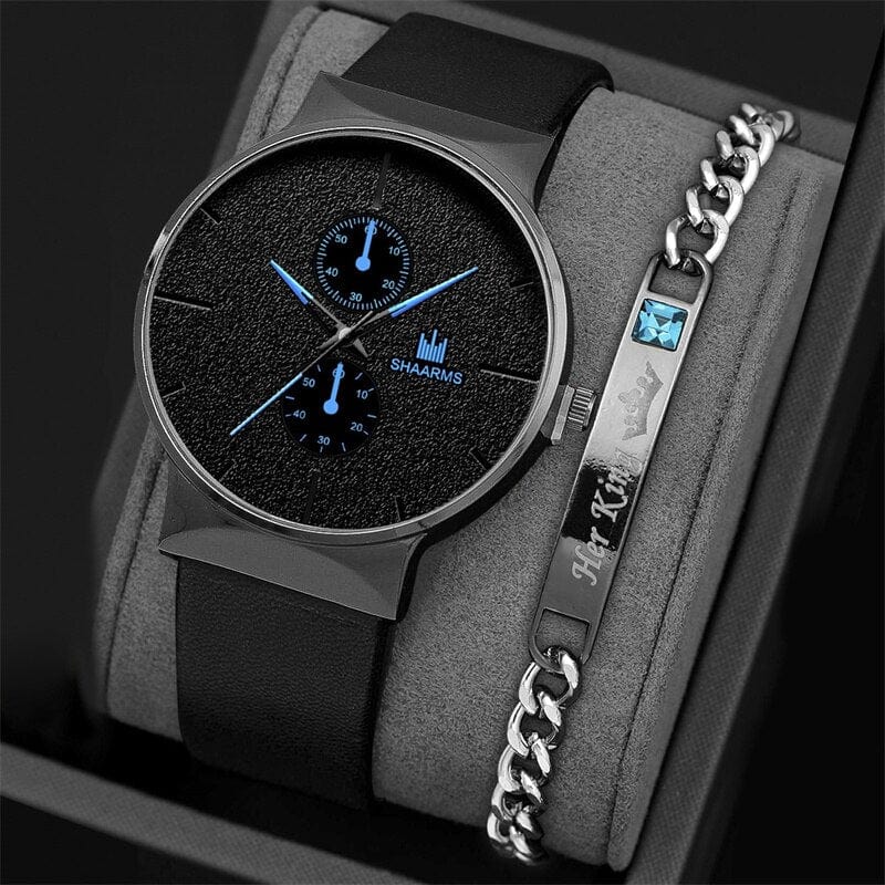 Showlu Fashion Store 0 Blue 2pcs Set Fashion Mens Sports Watches Man Business Quartz Wristwatch Luxury Men Casual Clock Watch Relogio Masculino