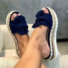 Showlu Fashion Store 0 Blue / 35 Women Slippers Summer 2022 Platform Wedges Mid Heels Bow Tie Peep Toe Fashion Slides Beach Outdoor Ladies Shoes Zapatos De Mujer