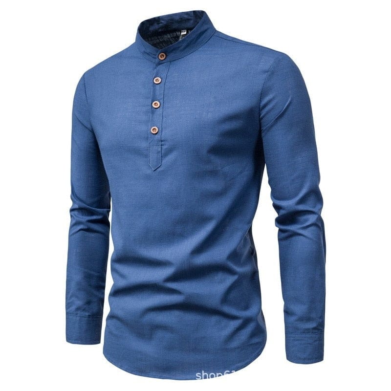 Showlu Fashion Store 0 Blue / M Men's solid color casual slim fitting standing collar long sleeved business shirt shirt