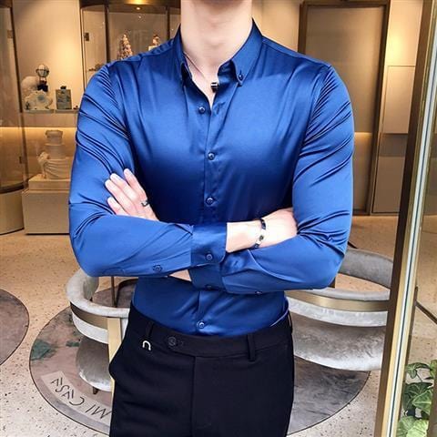 Showlu Fashion Store 0 Blue / M Plain Long Sleeve Shirts and Blouses for Men Business Silk Summer Button Man Tops Fashion 2023 Social High Quality Clothing S I