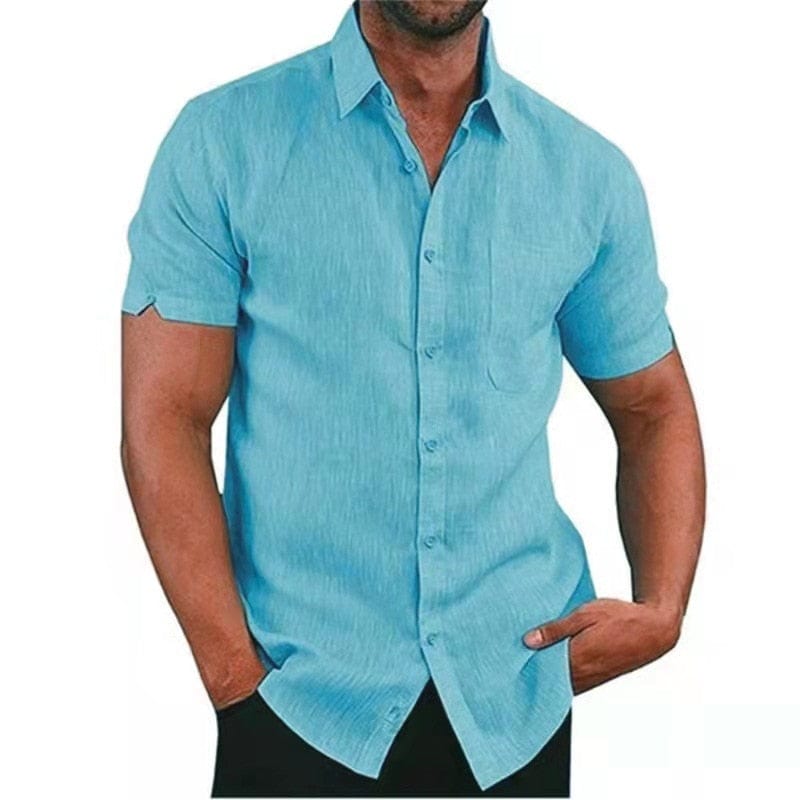 Showlu Fashion Store 0 Blue / S Summer Cotton Linen Shirts For Men Casual Short Sleeved Shirts Blouses Solid Turn-Down Collar Formal Beach Shirts Male Clothing