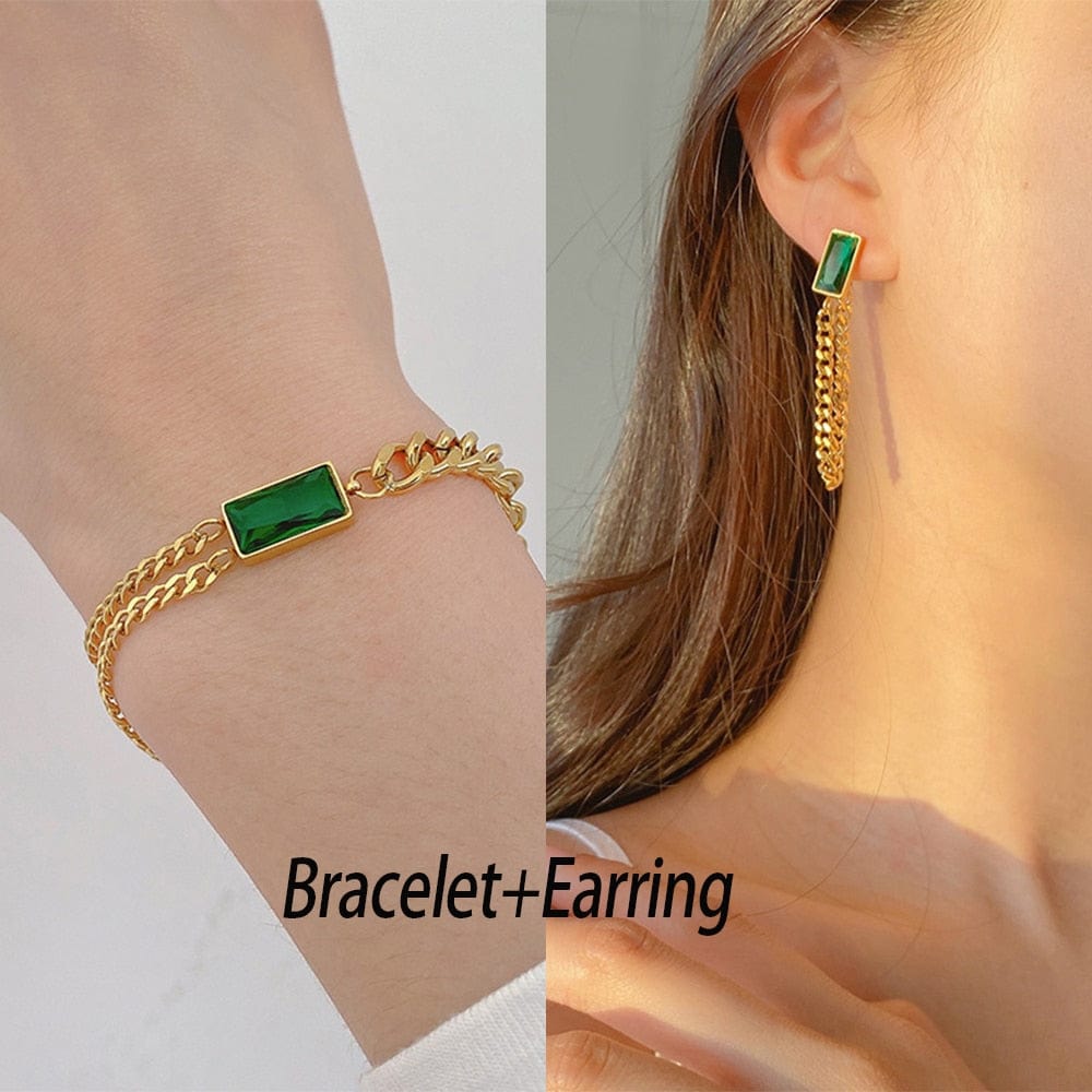 Showlu Fashion Store 0 Bracelet  Earring / China 316L Stainless Steel Necklace Earring Bracelet Ins Personality Time Vintage Green Zircon Shang Ladies Jewelry Set For Gift