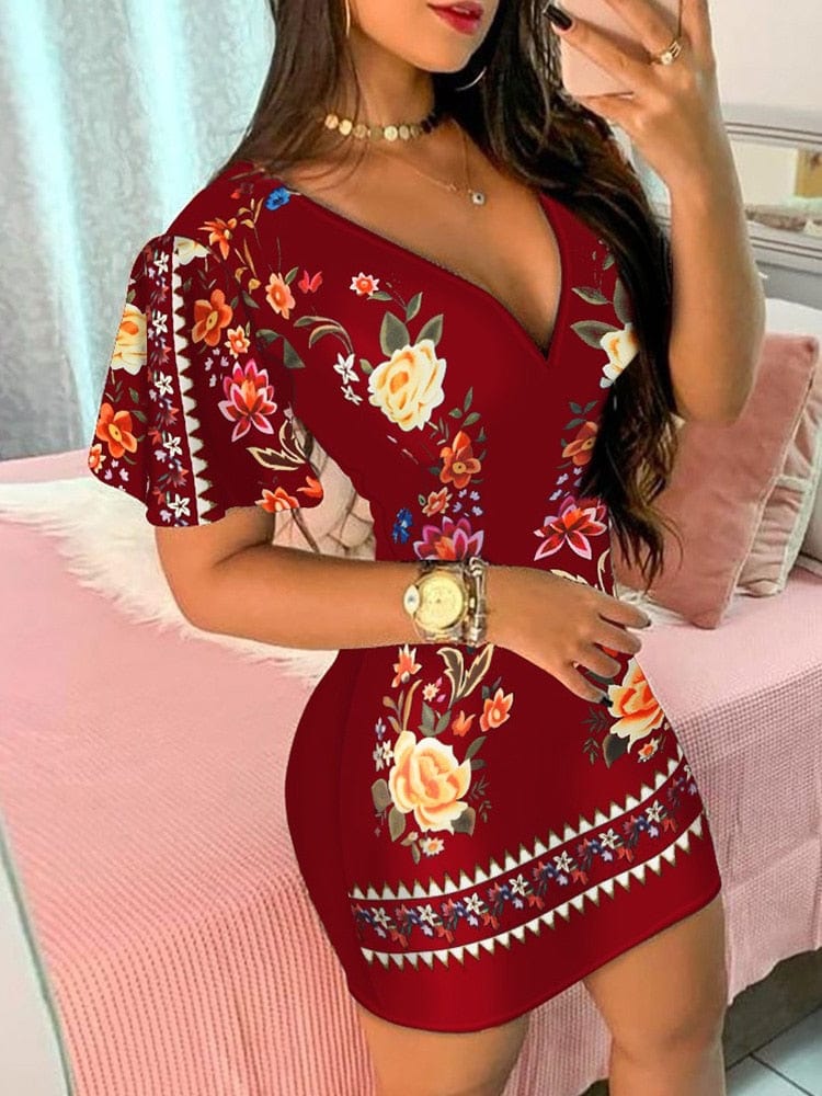 Showlu Fashion Store 0 Burgundy / S Floral Print Plunge Bodycon Dress Women Short Sleeve Summer Dress