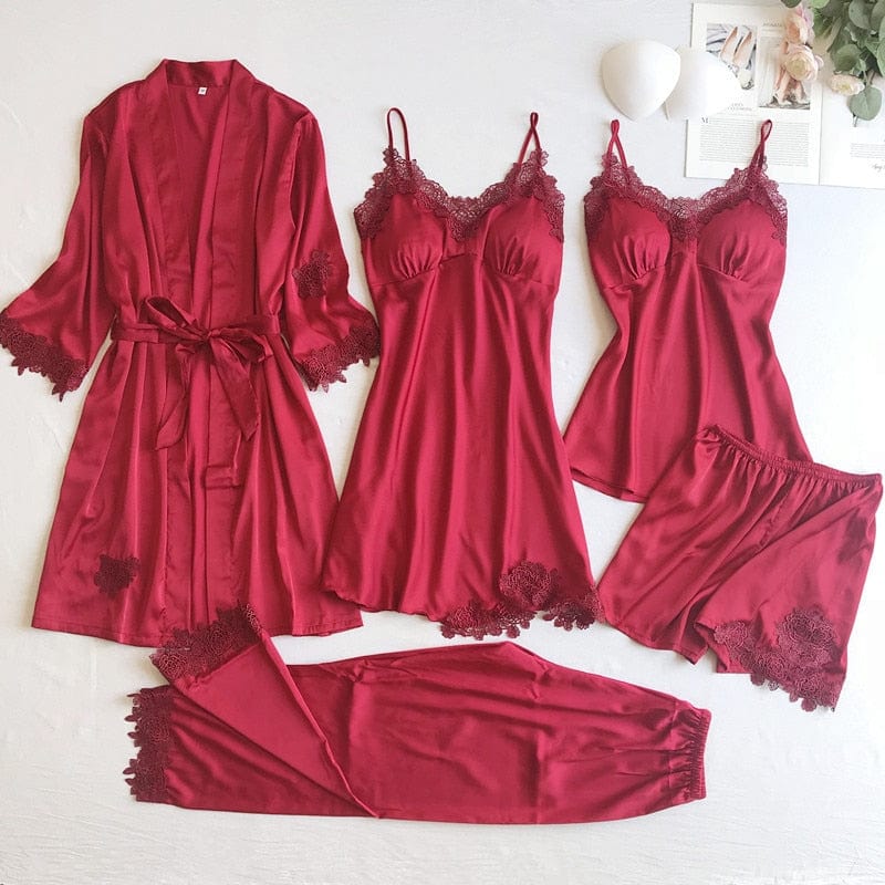 Showlu Fashion Store 0 Burgundy Set - B / M Gray Nightgown Set Women Lace Nightwear V-Neck Pajamas Suit Homewear Spring Sleepwear Robe Gown Sleep Wear Pijama Negligee