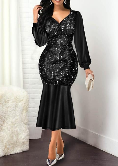 Showlu Fashion Store 0 C / S Elegant Party Dresses for Women 2023 New Fashion Evening Dress Sequin Slim Fit V-Neck Long Sleeve High Waist Fishtail Long Dress