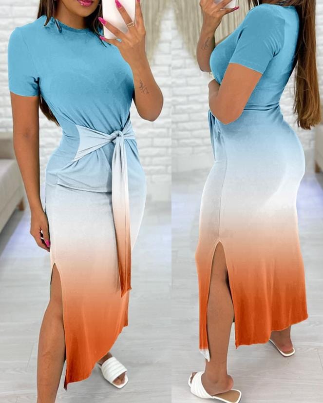 Showlu Fashion Store 0 C / S Women Fashion Rainbow Ombre Vacation Dress European &amp; American Women&#39;s Clothing Tied Detail Summer Slit Casual Mid-Calf Dresses