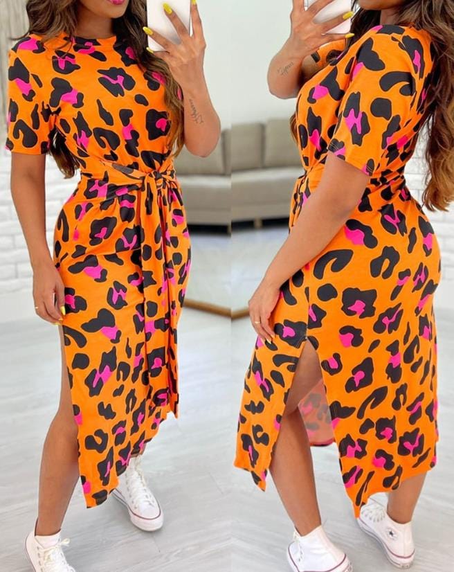 Showlu Fashion Store 0 C / S Women's Fashion Dresses 2023 New Summer Sexy Pink Leopard Print Tied Detail Slit Side Split Skirt Casual Waist Retraction Dress