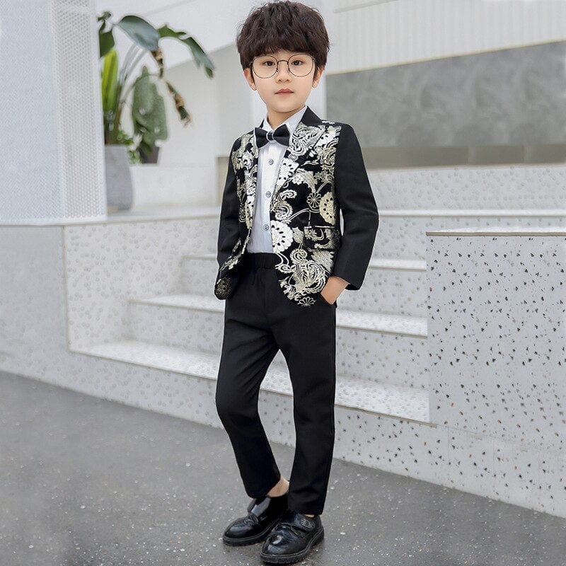 Showlu Fashion Store 0 Children Formal Dress Kids Flower Jacket Pants Bowtie 3PCS  Piano Costume Boys Bronzing Show Host Handsome Photography Suit