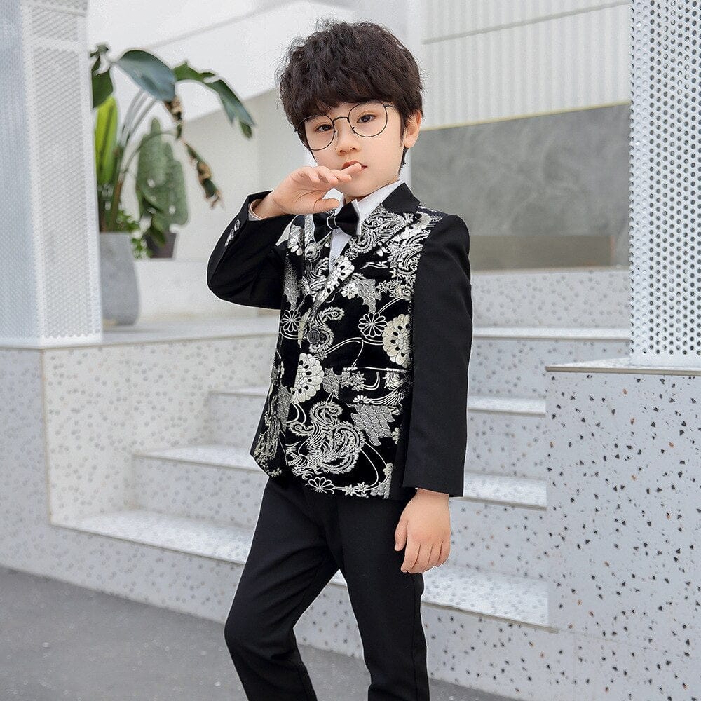 Showlu Fashion Store 0 Children Formal Dress Kids Flower Jacket Pants Bowtie 3PCS  Piano Costume Boys Bronzing Show Host Handsome Photography Suit