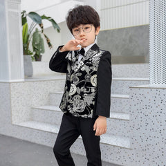 Showlu Fashion Store 0 Children Formal Dress Kids Flower Jacket Pants Bowtie 3PCS  Piano Costume Boys Bronzing Show Host Handsome Photography Suit