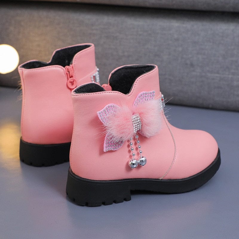 Showlu Fashion Store 0 Children's Shoes Girl Mid Length Warm Leather Boots Baby Bow Cute Cotton Shoes Plush Winter New Student Two Cotton Boots Botines