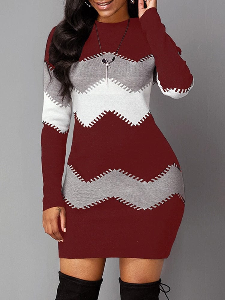 Showlu Fashion Store 0 Claret / S 2023 Autumn Women Fashion Print Slim Knitted Dress Female Long-sleeve O-neck Elegant Bodycon Package Hips Mini Dresses 5XL