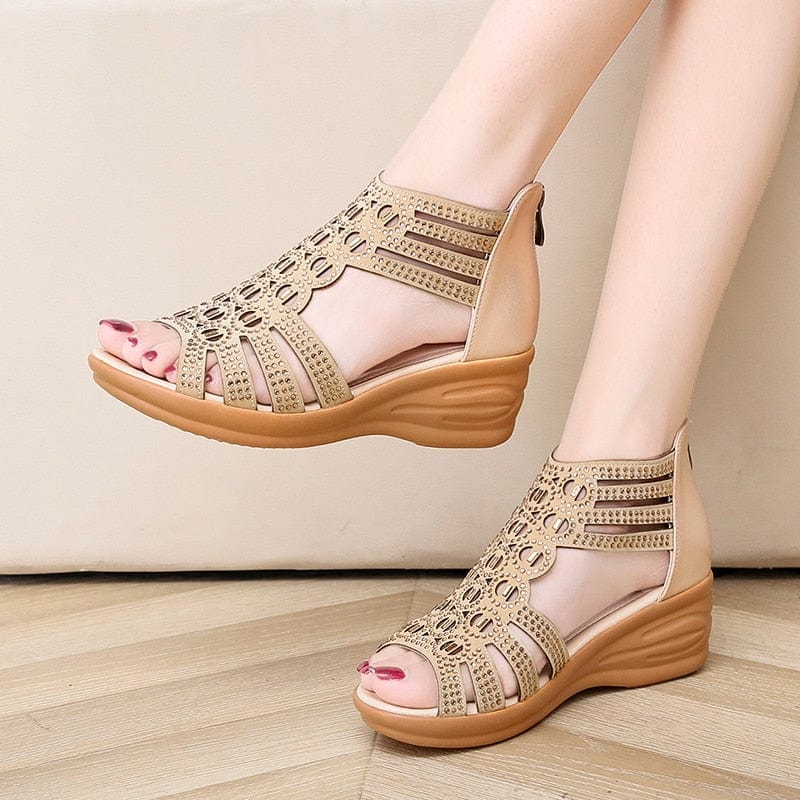 Showlu Fashion Store 0 Crystal Sandals Women Wedges Comfortable High Heels Hollow Out Zipper Sandals Women Shoes Comfortable Flat Stylish Sandals