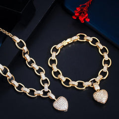 Showlu Fashion Store 0 CWWZircons 585 Gold Color Cubic Zirconia Dangle Love Heart Shape Charm Bracelet Pendant Necklace Women Costume Jewelry Set  T468