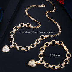 Showlu Fashion Store 0 CWWZircons 585 Gold Color Cubic Zirconia Dangle Love Heart Shape Charm Bracelet Pendant Necklace Women Costume Jewelry Set  T468