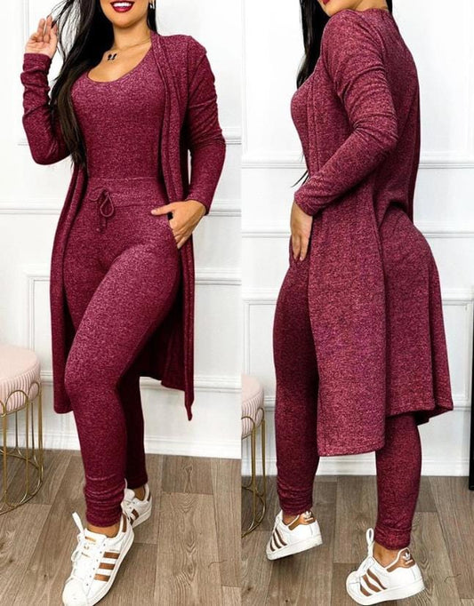 Showlu Fashion Store 0 D / S Two Piece Set Women Outfit 2023 Spring Fashion Drawstring Pocket Design U-Neck Sleeveless Skinny Jumpsuit & Long Sleeve Coat Set