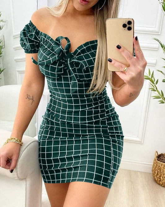 Showlu Fashion Store 0 Dark Green / S Summer dress sexy package buttocks short skirt of cross border grid print dress