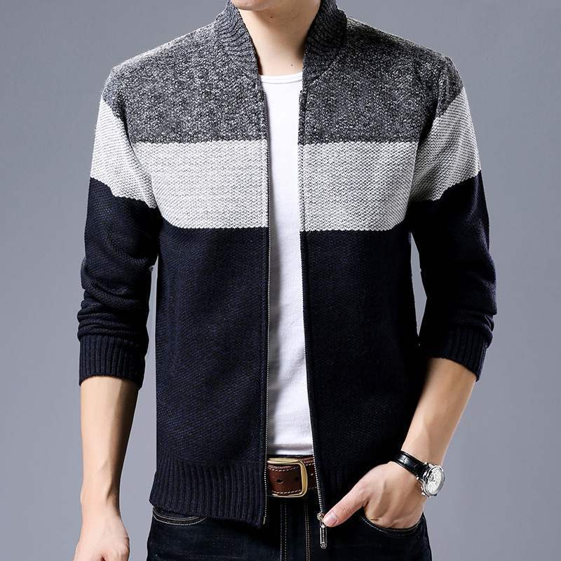 Showlu Fashion Store 0 Dark Grey / Asian M Spring Winter New Men's Cardigan Single-Breasted Fashion Knit  Plus Size Sweater Stitching Colorblock Stand Collar Coats Jackets