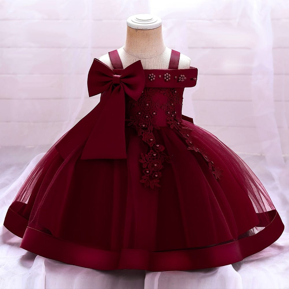 Showlu Fashion Store 0 dark red / 3-6M 70 Bow Summer Dresses Infant Baby Girl Birthday Party Dress Lace Flower Newborn Princess Clothes Toddler Baby Girls Wedding Gown