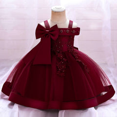 Showlu Fashion Store 0 dark red / 3-6M 70 Bow Summer Dresses Infant Baby Girl Birthday Party Dress Lace Flower Newborn Princess Clothes Toddler Baby Girls Wedding Gown