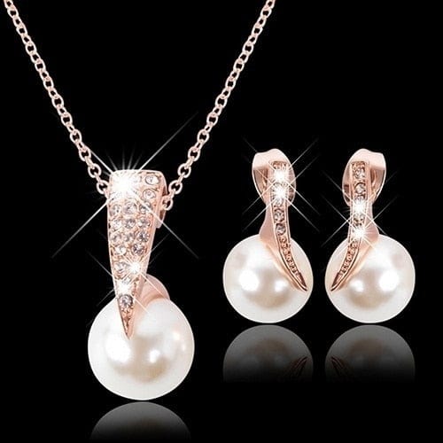 Showlu Fashion Store 0 Delysia King 3pcs Women Trendy Pearl Earrings Necklace Jewelry Set Superior Quality Rhinestones Bride Party Earring