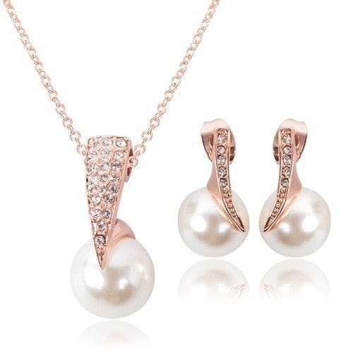 Showlu Fashion Store 0 Delysia King 3pcs Women Trendy Pearl Earrings Necklace Jewelry Set Superior Quality Rhinestones Bride Party Earring