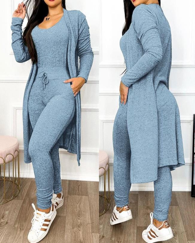 Showlu Fashion Store 0 E / S Two Piece Set Women Outfit 2023 Spring Fashion Drawstring Pocket Design U-Neck Sleeveless Skinny Jumpsuit & Long Sleeve Coat Set